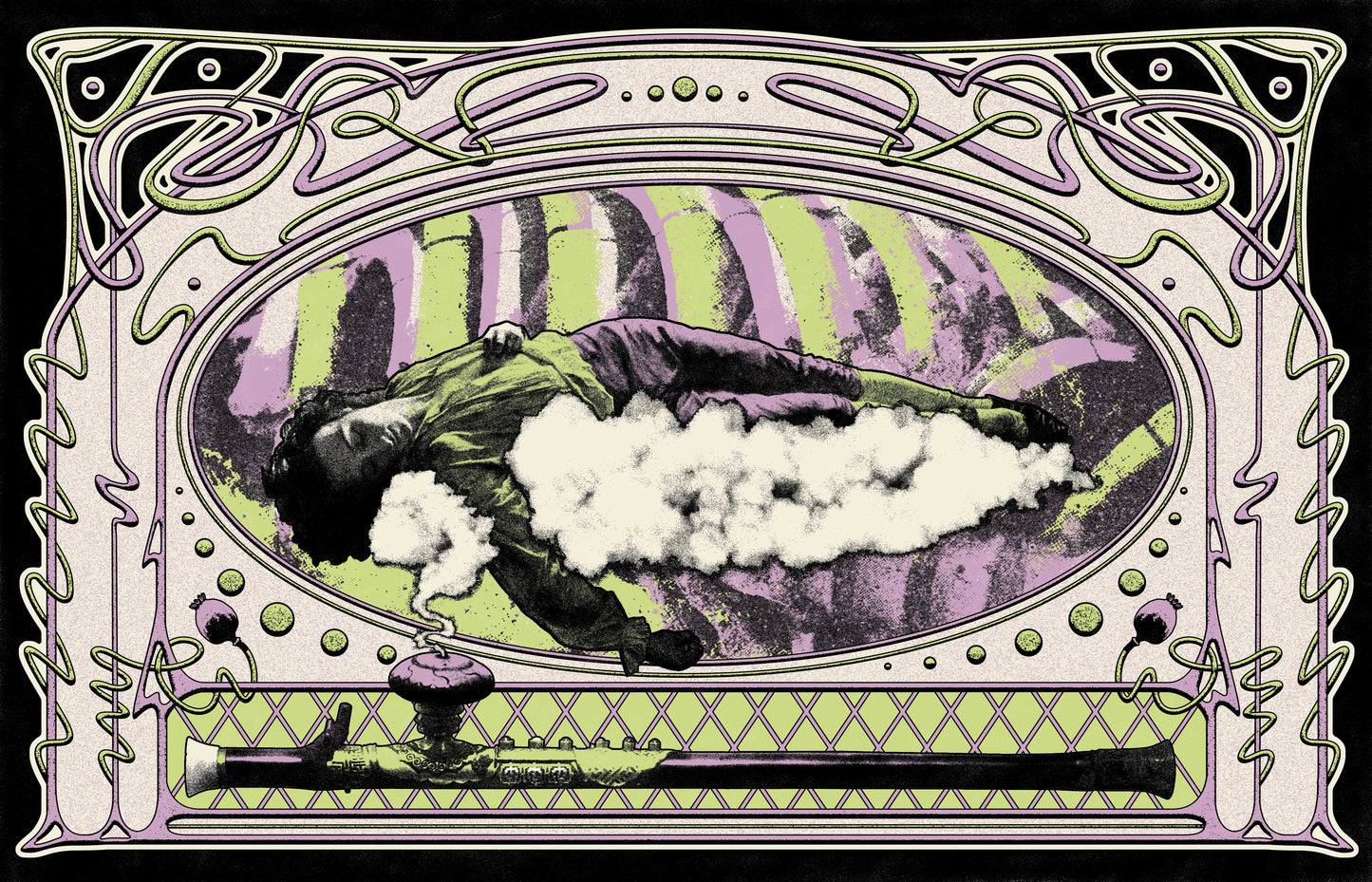 Art Nouveau-style illustration with a person lying on clouds inside an ornate frame.