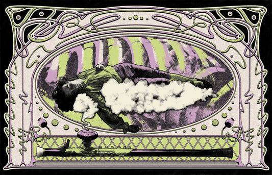 Art Nouveau-style illustration with a person lying on clouds inside an ornate frame.